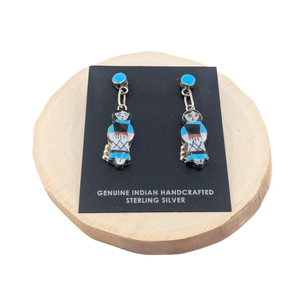 Handmade Native American Earrings Signed‎ Silver Zuni Corn Maiden Kachina **